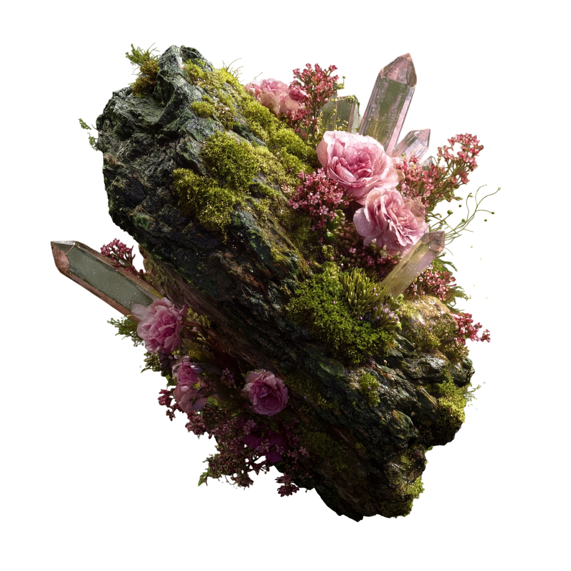 Floating Garden, vertical rock with pink rose cluster and quartz