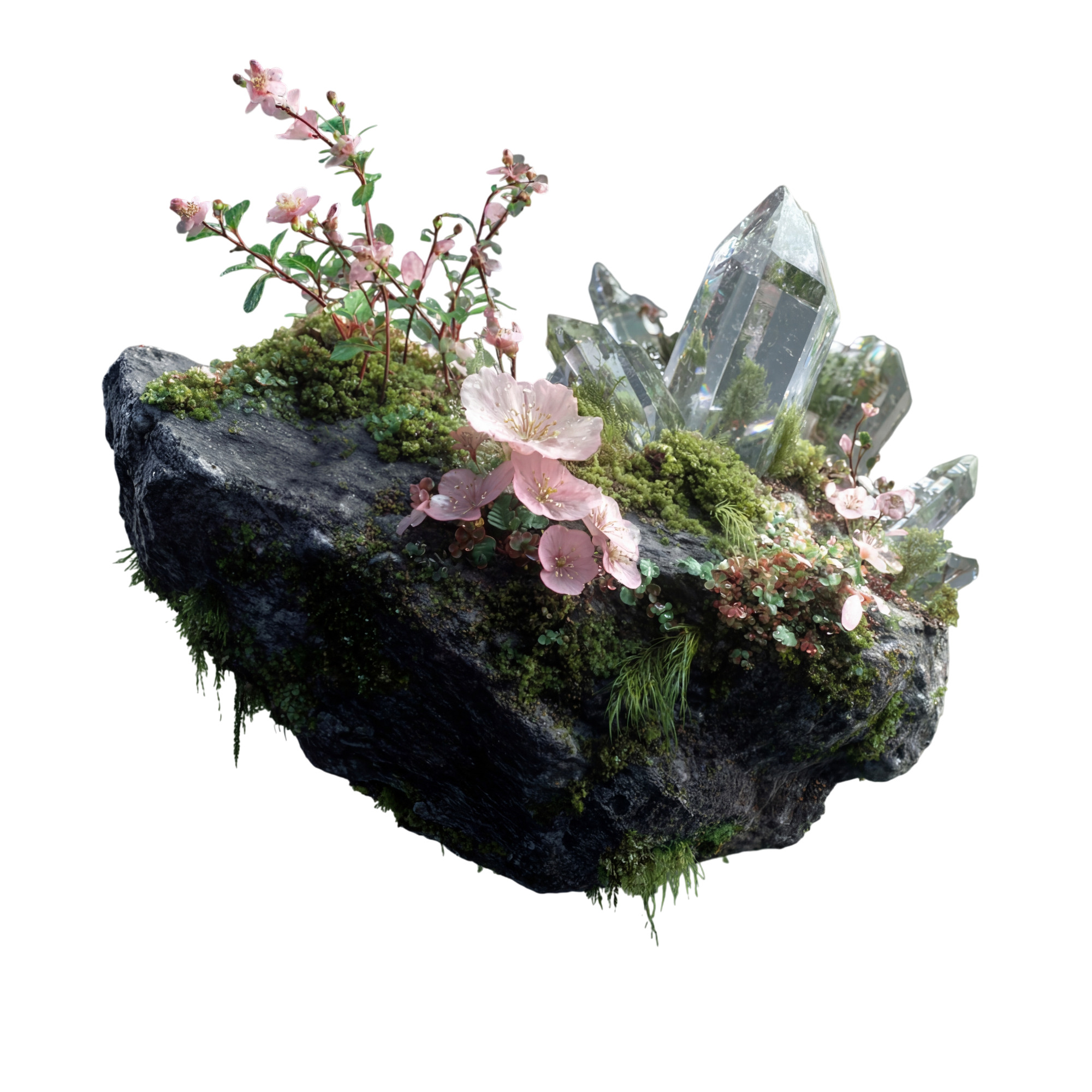 Floating Garden, angular rock with crystals and ferns