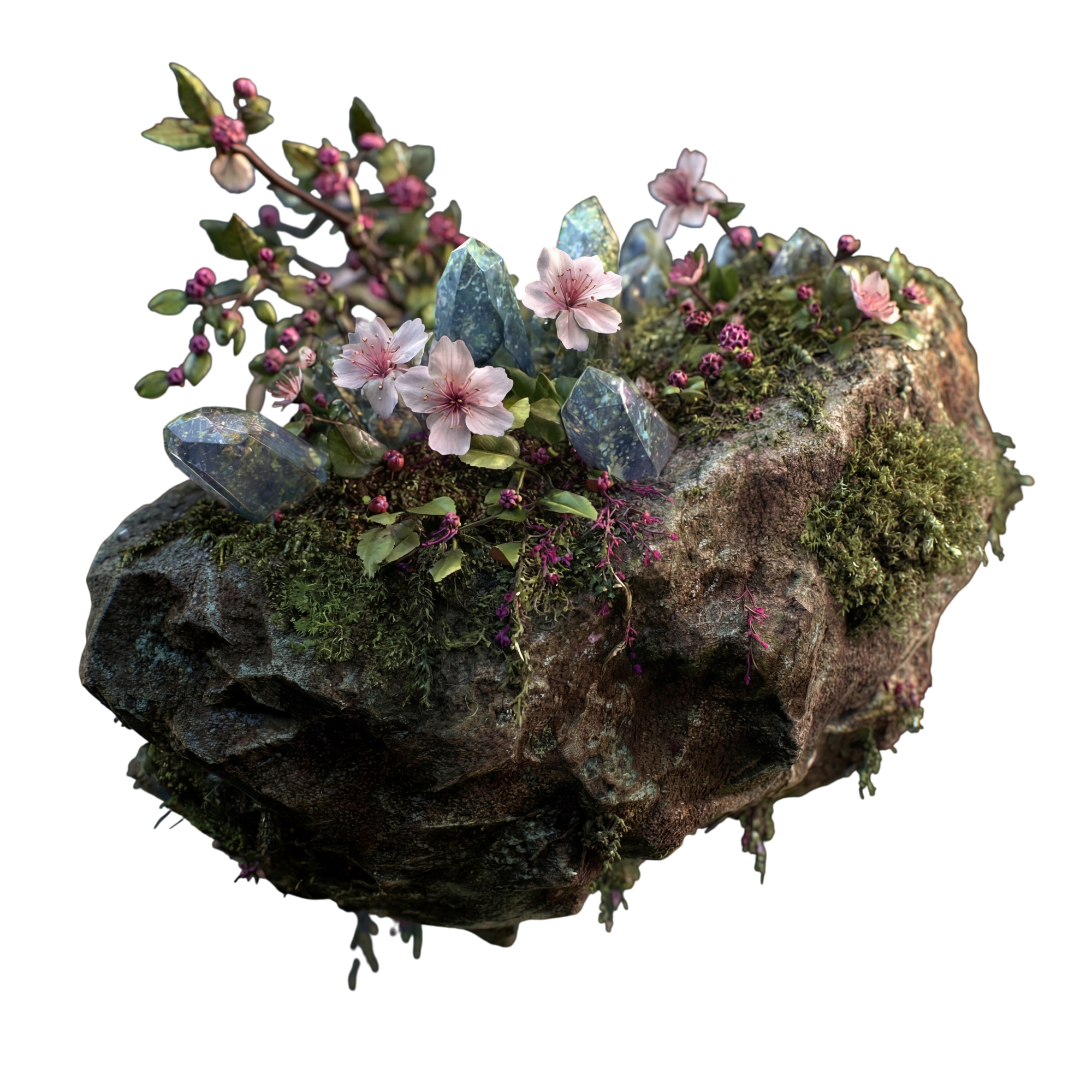 Floating Garden, dense moss with mixed wildflowers and crystals
